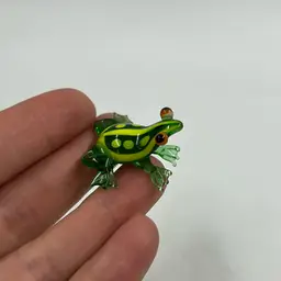 Vintage Mini Green Glass Frog With Yellow Spots And Orange Eyes .75” T