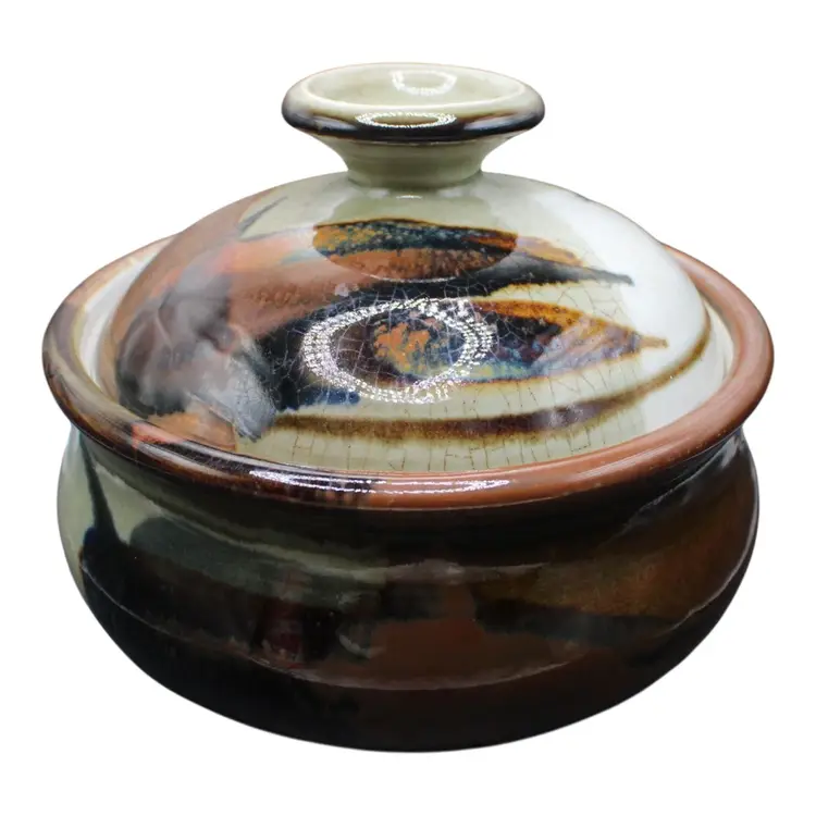 Vintage 1981 Studio Pottery Lidded Bean Pot Signed Diana Hand Thrown Stoneware Casserole 7” Tall 8” Opening