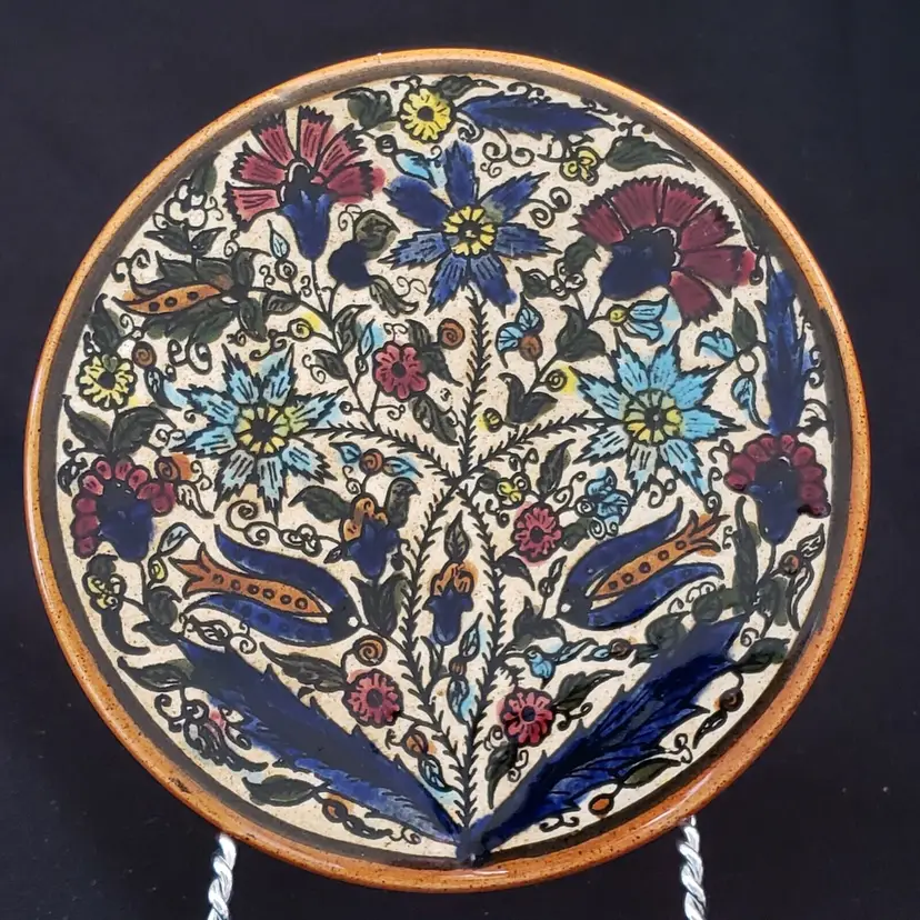 Jerusalem Souvenir Ceramic Plate Floral 5 1/8" diam. Signed & unbranded Vintage 