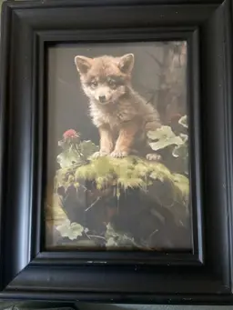 Framed Wolf Puppy Art Wall Print Black Frame 8x10"