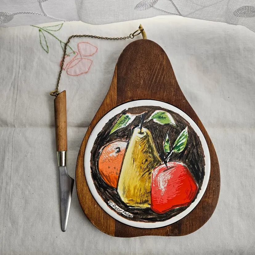 Vintage 1960's Fred Press Pear Shaped Hardwood Ceramic Cheese Board Japan
