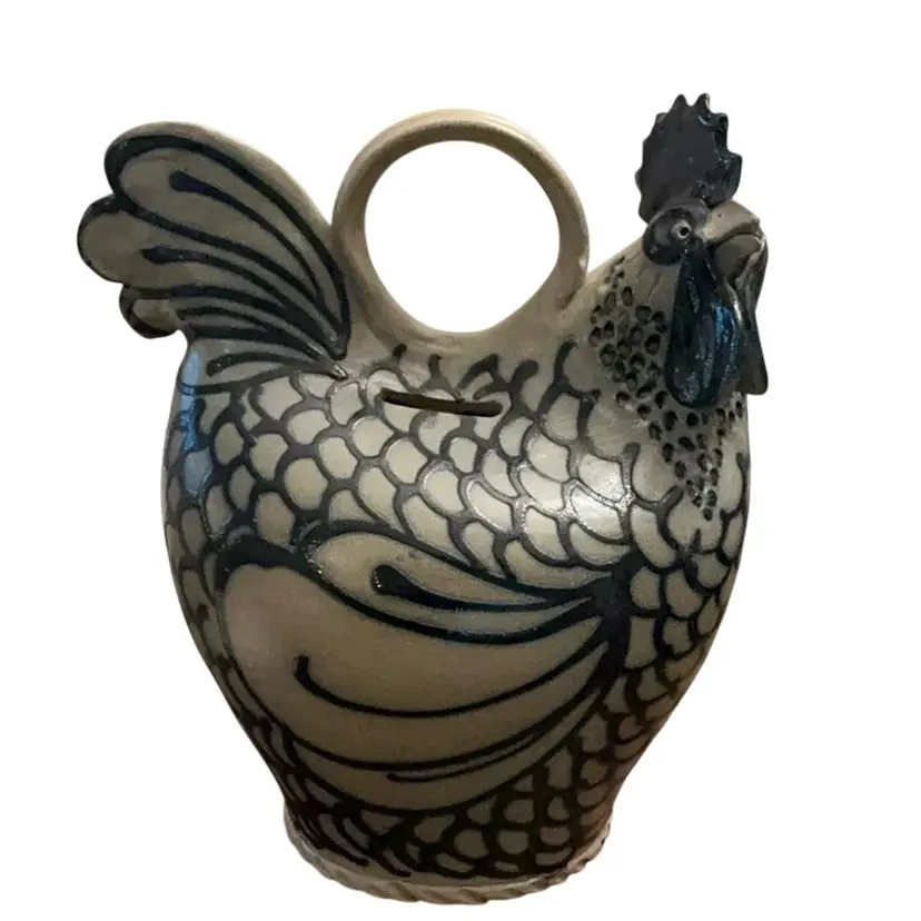 Large 1991 Wisconsin Salt Glaze Pottery Stoneware Rooster Bank 10 1/2” X 9”