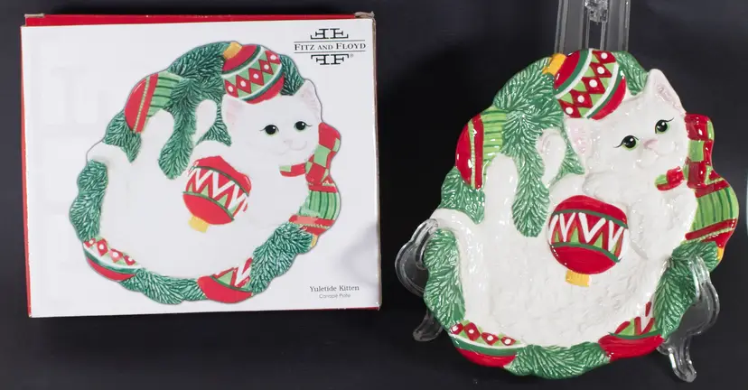 Fitz & Floyd Yuletide White Kitten Canape Tray w/Box 2008 Christmas