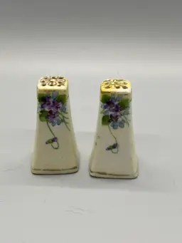 Vintage Hand Painted Square Pillar Porcelain Salt Pepper Shakers Purple Violets