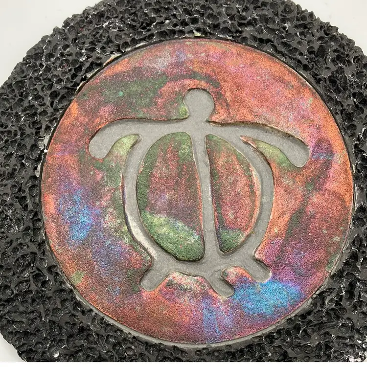 Signed Ben Diller Turtle Raku and Lava Rock Art 6.25”Diameter