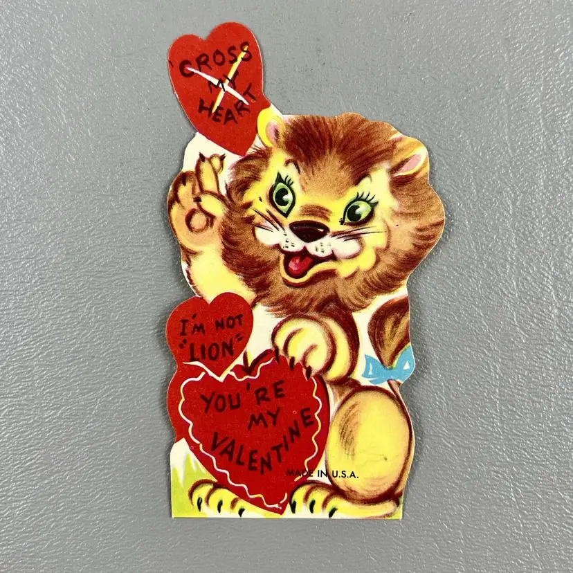 Vintage Die Cut Valentine Card I'm Not Lion Cross My Heart USA 4" Big Cat