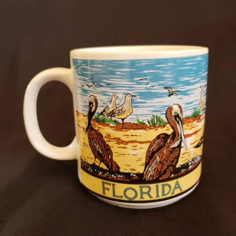 Florida Souvenir Coffee Mug - Pelicans Birds Palm Trees illustrated Vintage