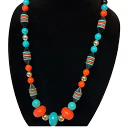 Turquoise, Coral, Silver Tone And Black Plastic Bead Necklace