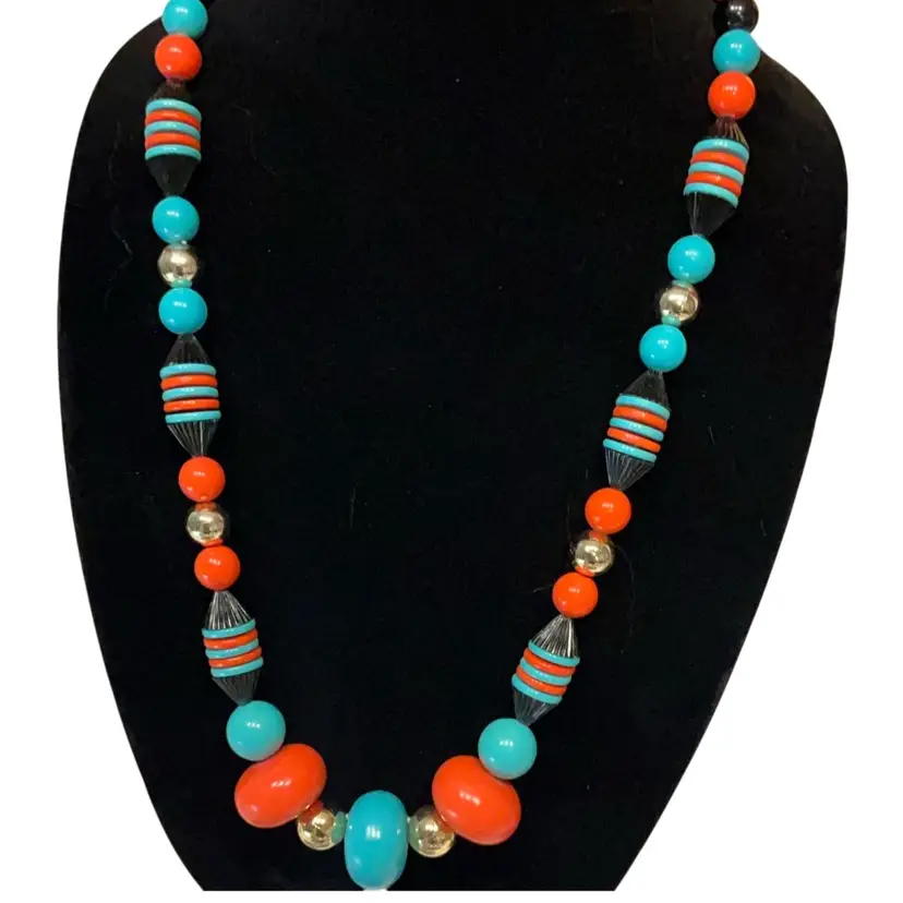 Turquoise, Coral, Silver Tone And Black Plastic Bead Necklace