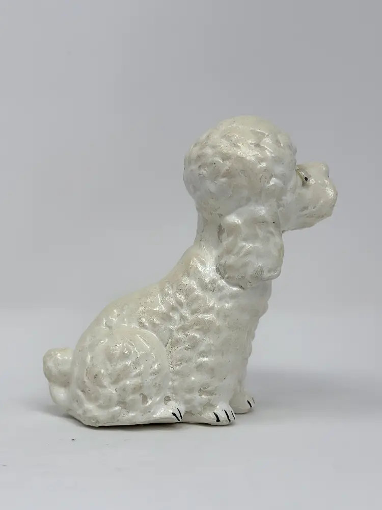 White Chalkware Poodle Figurine: Vintage 1950s Hand Painted Carnival Kitsch Dog (0239-25)