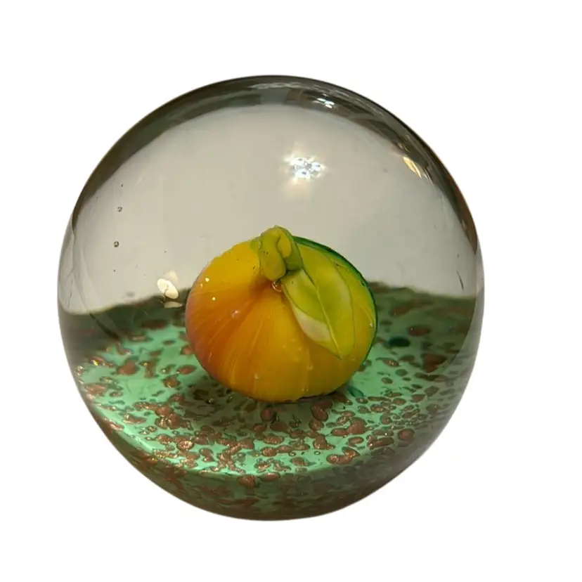 Vintage MCM KB Murano 3D Pumpkin Orange Green Copper Aventurine Paperweight- 3.75”