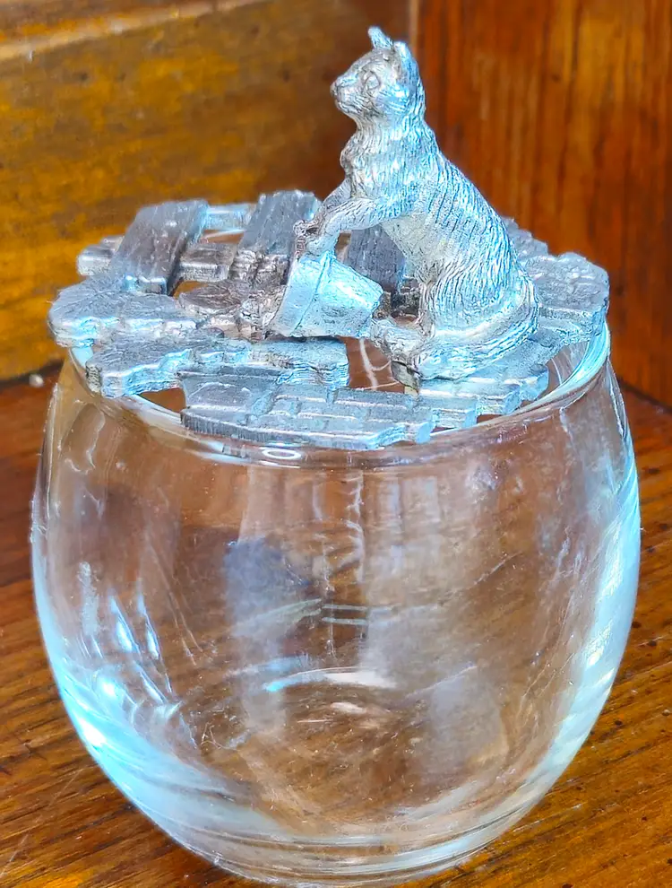 Vintage Pewter Topper & Mini Glass Potpourri Jar Cat in the Garden Theme