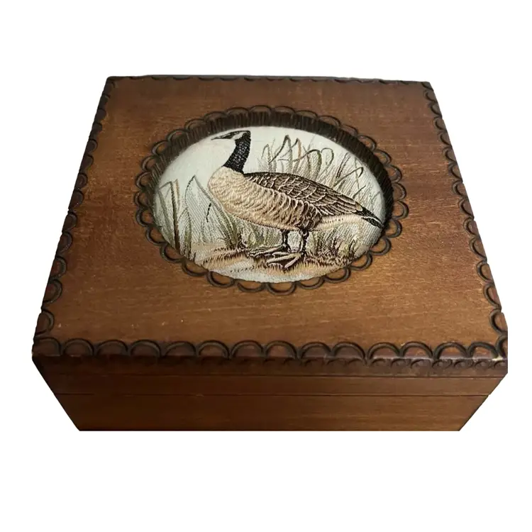 Vintage J&J Cash's Canadian Goose Silk Weave Inlay Carved Hinged Wooden Trinket Box