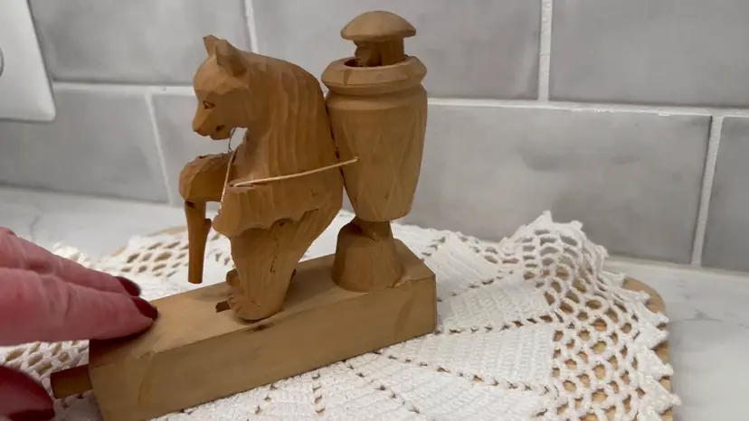 Vintage Russian hand-carved wooden mechanical bear toy, "Bogorodsk toy", vintage hand carved toy
