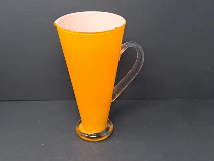 Orange Glass Pitcher With Clear Glass Applied Handle