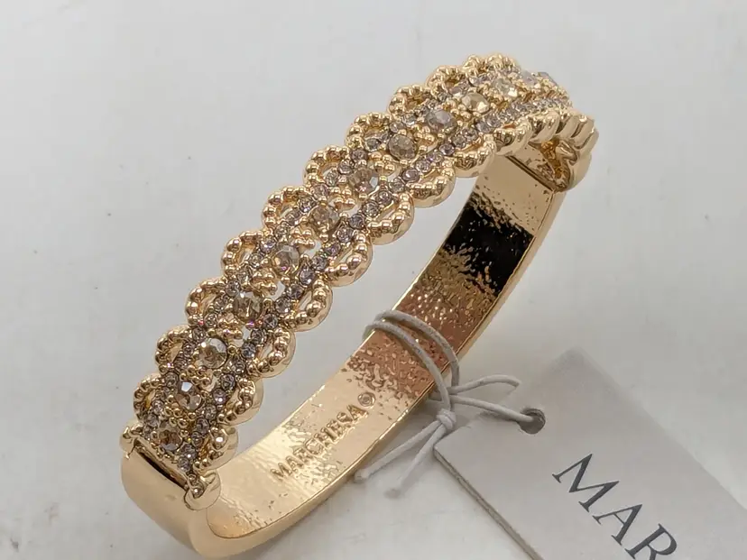 Marchesa Gold Tone Pave Crystal Filigree Hinged Bangle Bracelet NWT
