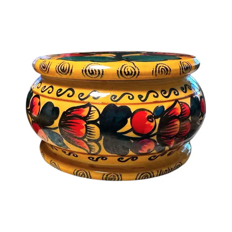 Vintage Russian Hand Painted Lacquer Round Floral Flowers Trinket Box 1988