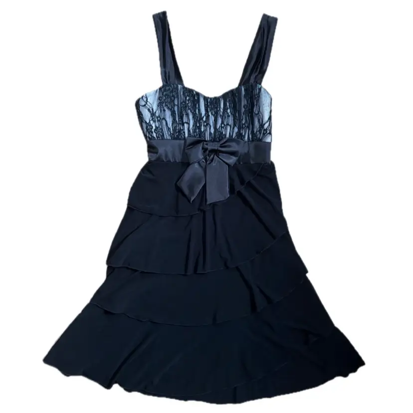 Vintage Black Tiered Dress Size XXS XS Satin Bow Lace Bodice Twee Whimsigoth