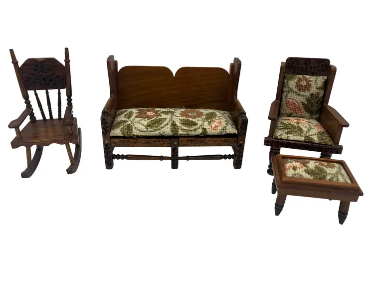 J.B. Miniatures 1:12 Dollhouse Sofa, Armchair & Rocker + Footstool, Hand Carved
