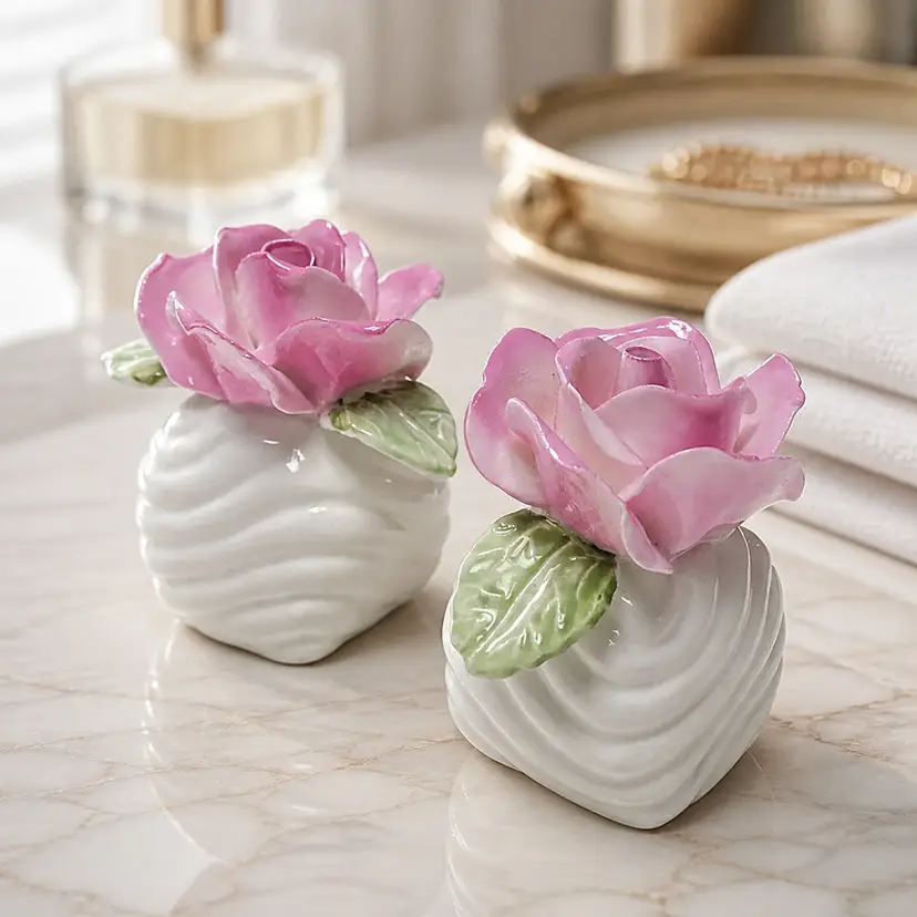 1986 Bone China Salt & Pepper Shakers, Pink Roses, Made by Pia in the Phillipine