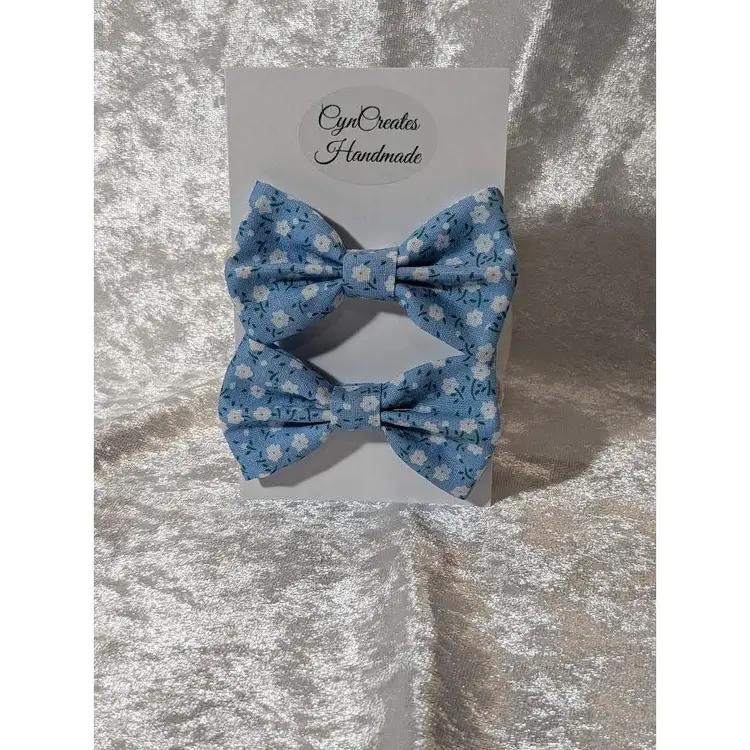 Pigtail Hair Bows - Toddler, Girls, Handmade, Blue Flowers