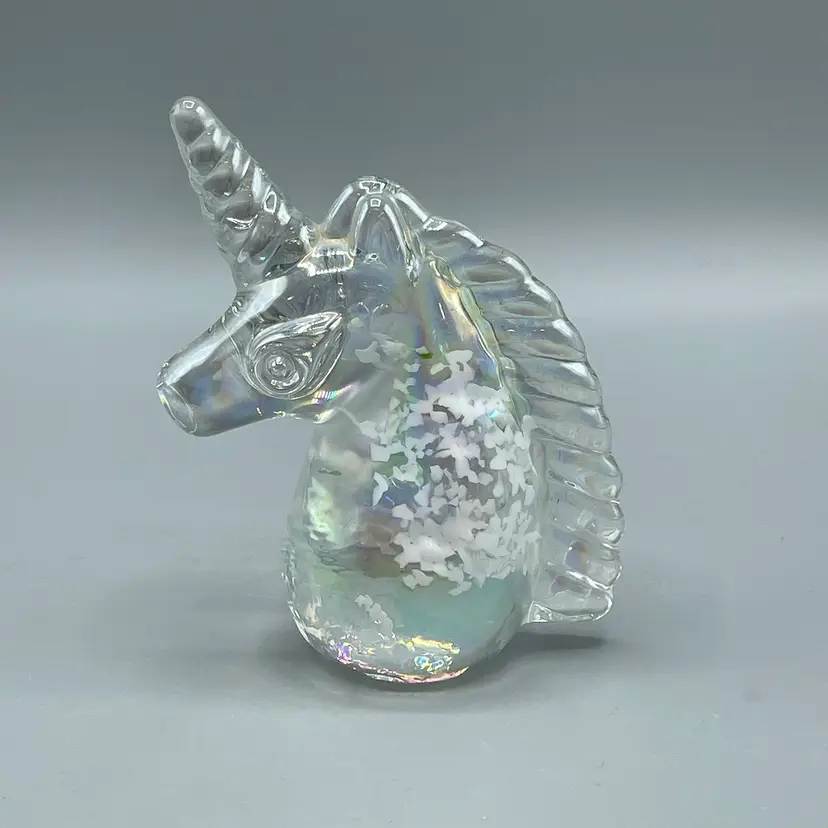Art Glass White Speckled Iridescent Unicorn Head Paperweight