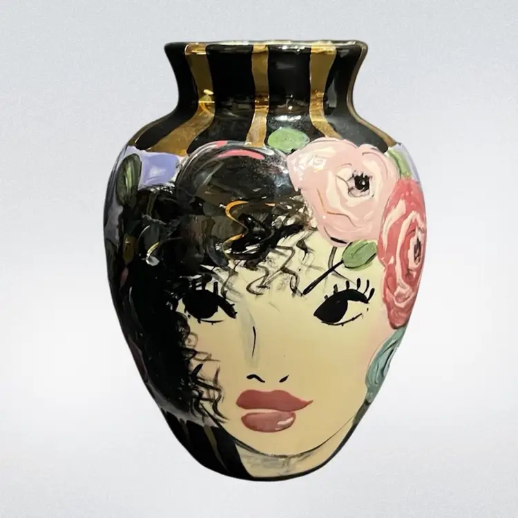 1995 Art Deco Hand Painted OOAK Lady Floral Vase, Signed ~6.25” x 5” diameter