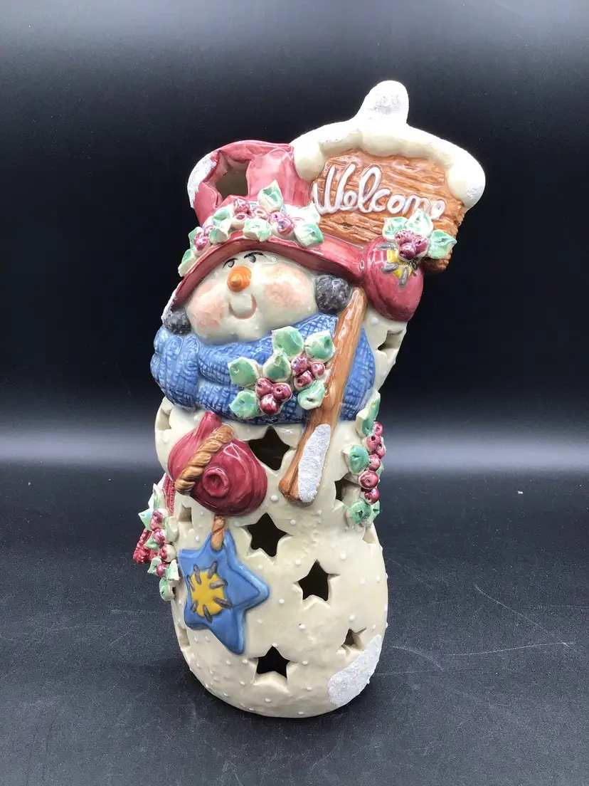 1184-Pottery Snowman With Welcome Sign, Signed