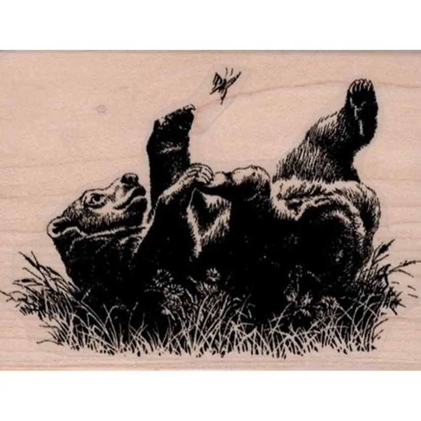 Bear Playing With Butterflies Rubber Stamp