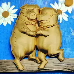 Whimsical Dancing Pigs Brushed Gold Tone Lovers Couple Brooch Signed JJ Fun Gift