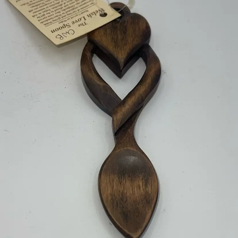Vintage Hand Carved Wooden Welsh Love Spoon With Tag Approximately 6.5”