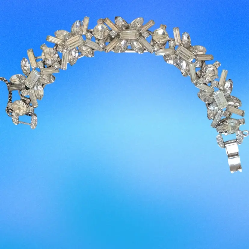 Five Link White Crystal Bracelet With Fold Over Clasp And Safety Chain