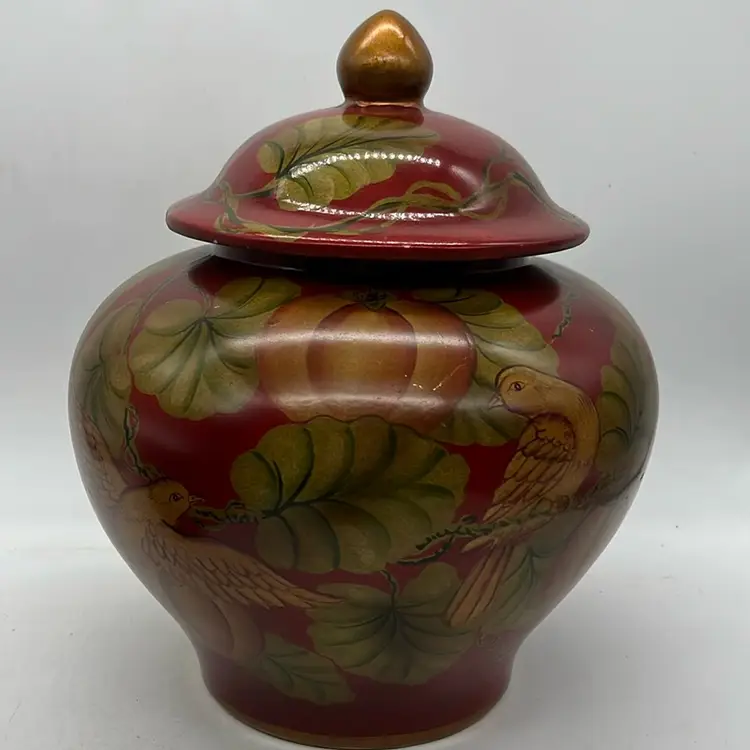 Large Ceramic Lidded Ginger Jar With Birds 10”