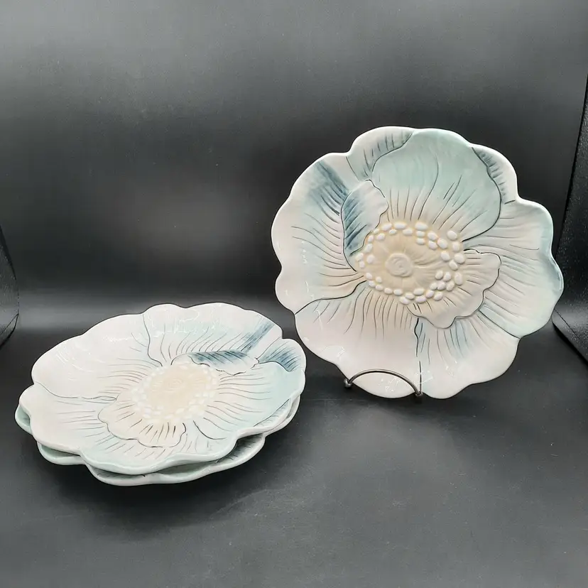 Edie Rose Home Bloom Collection Turquoise Aqua Flower Canape Salad Dessert Plates Set of 3