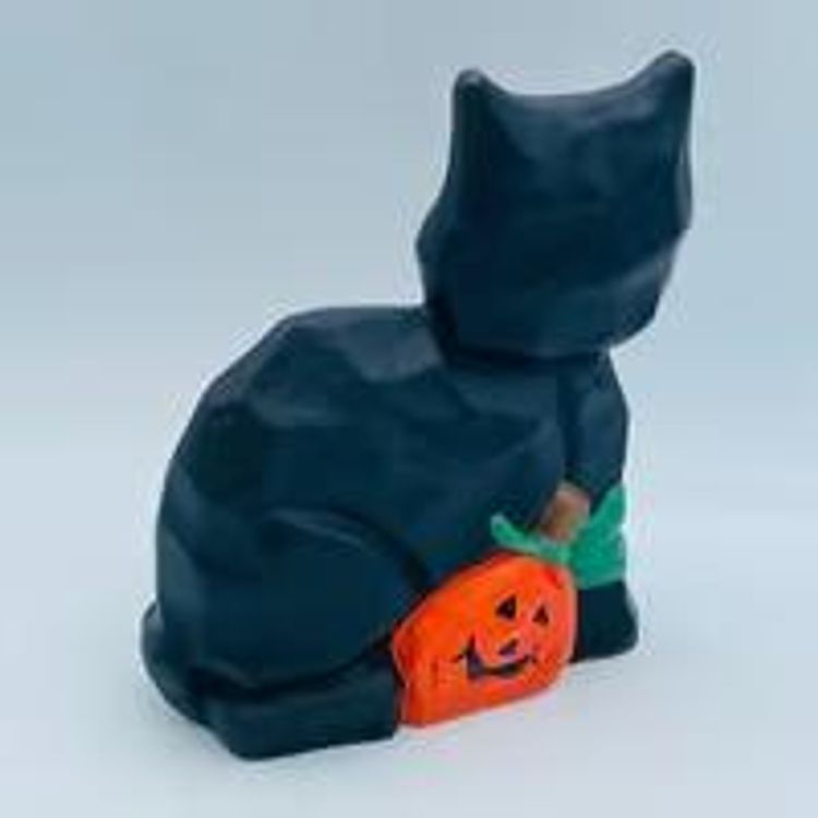 Vintage Hand Painted Ceramic Black Cat with Pumpkin Halloween Figurine