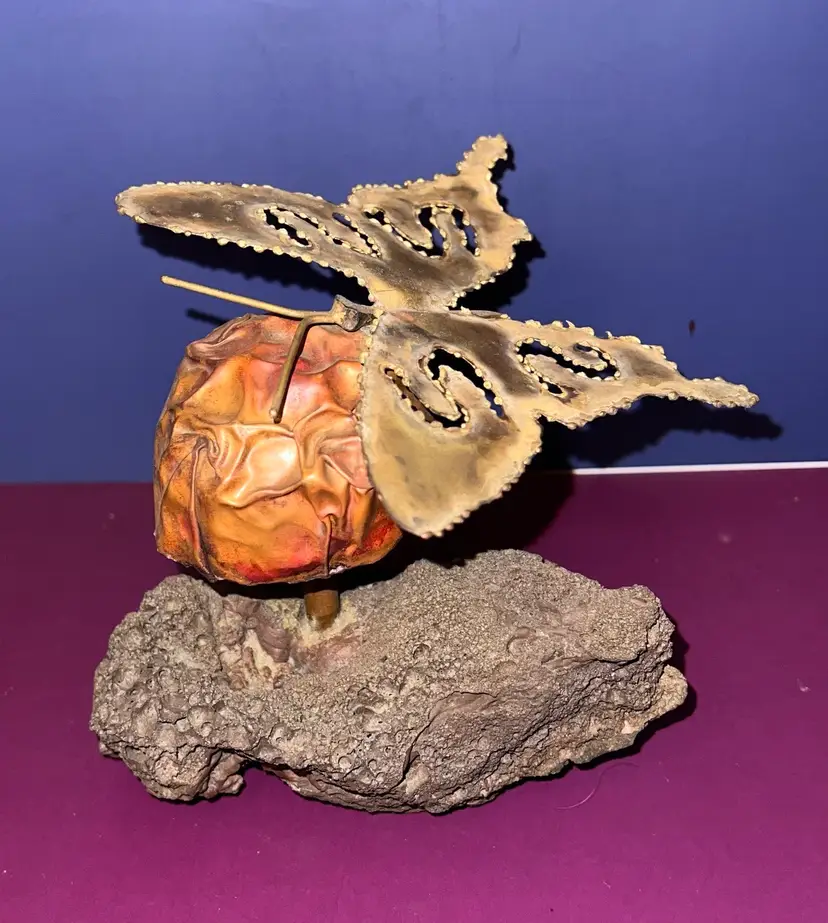 Vintage Brutalist Butterfly Mushroom Metal Copper Brass Sculpture On Lava