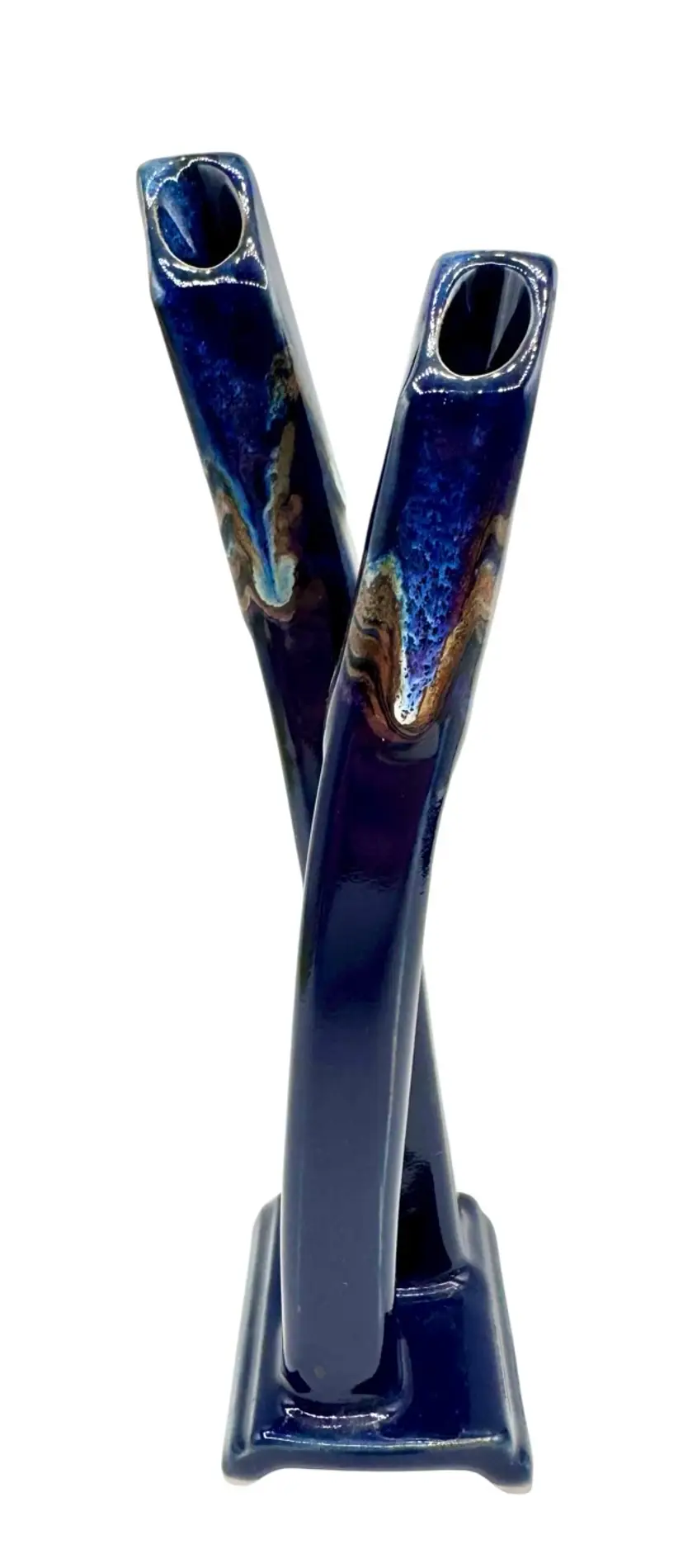 Signed Stillfire Studio Art Pottery Double Bud Vase Blue Carol Ann Bauer 9.75”