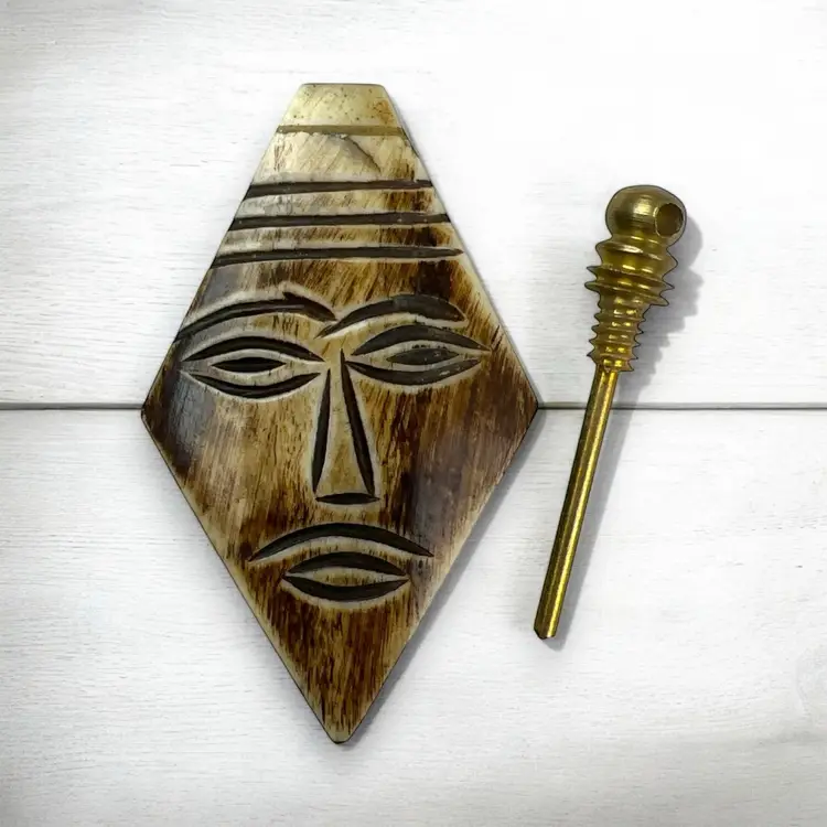 Vintage Tribal Totem Wood Brass Face 70s Perfume Oil Vessel Necklace Pendant