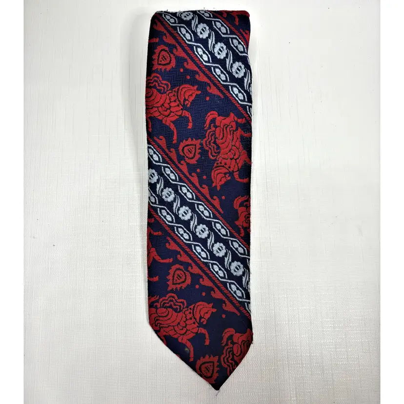 Sears Mens Store Wide Necktie Polyester Blue Red Horse Equestrian Business 70s Vintage