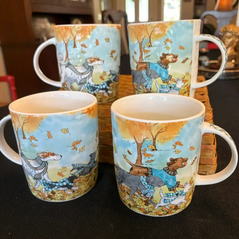 Set of 4 Pier 1 Imports Park Avenue Lazy Sunday Dog  20 oz Mugs.