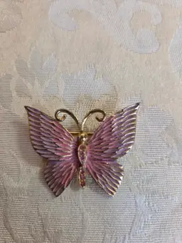 Vintage JJ Gold Tone Butterfly Brooch with Pink Enamel and Rhinestones