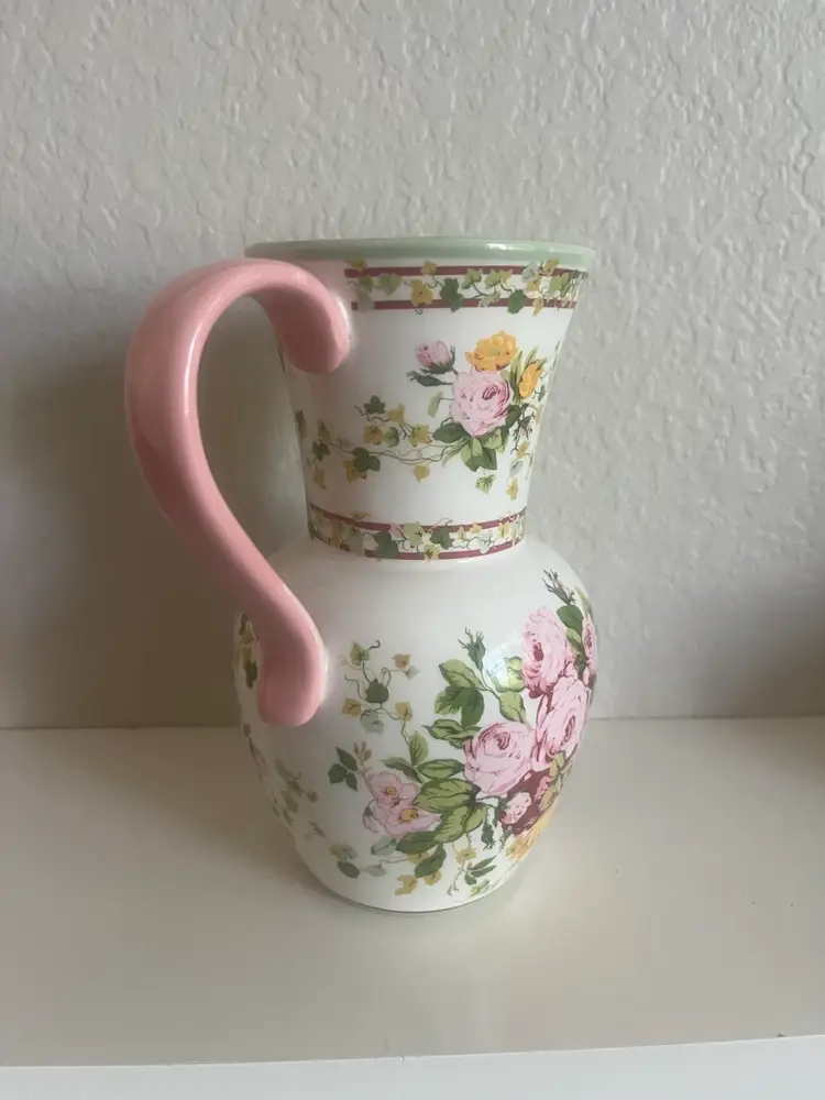 Vintage Laura Ashley Home Floral Pink Roses Pitcher Vase 7 1/2" Tall