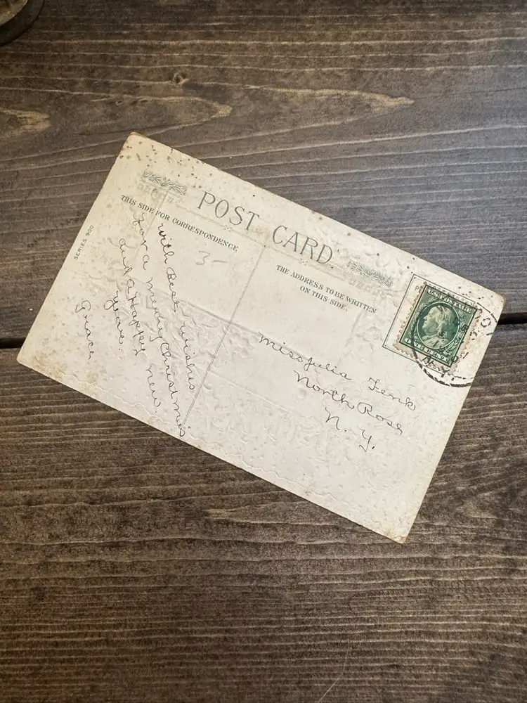 Antique Red Green Gilded Merry Christmas Postcard, Posted 1910