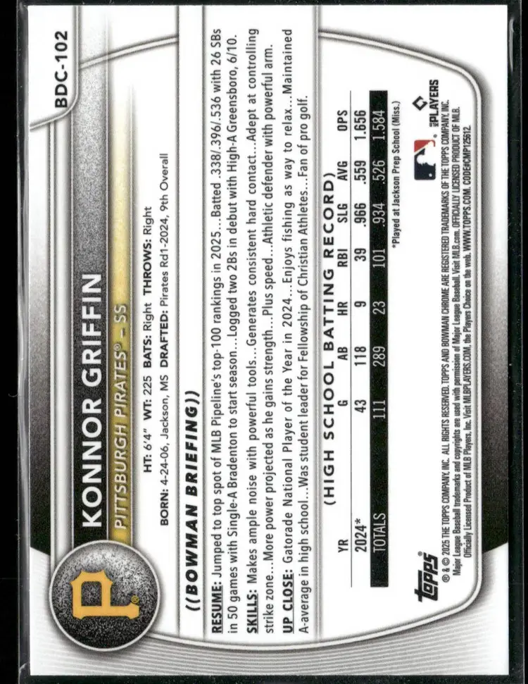 Konnor Griffin 2025 Bowman Chrome Prospects Pittsburgh Pirates