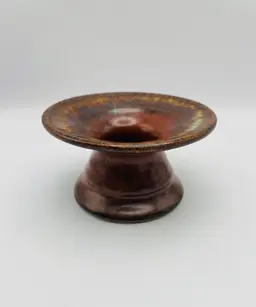 Handmade Glazed Pottery Ikebana Vase, Metal Frog, Brown/Rust/Mint Green, Signed Garnett