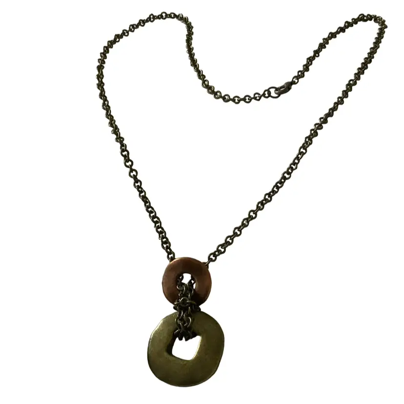 Vintage Molded Brass And Copper Beveled Round And Squared Shaped Pendant Costume Jewelry Necklace