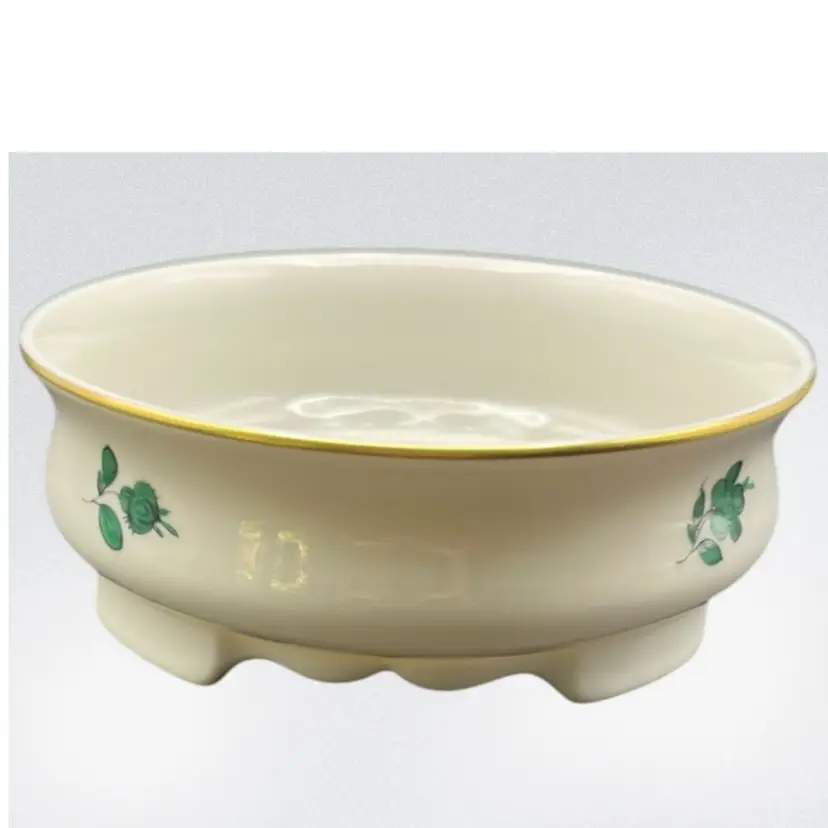 Augarten Wien Maria Theresia Green Floral Gold Trim Footed Bowl Or Salt Cellar