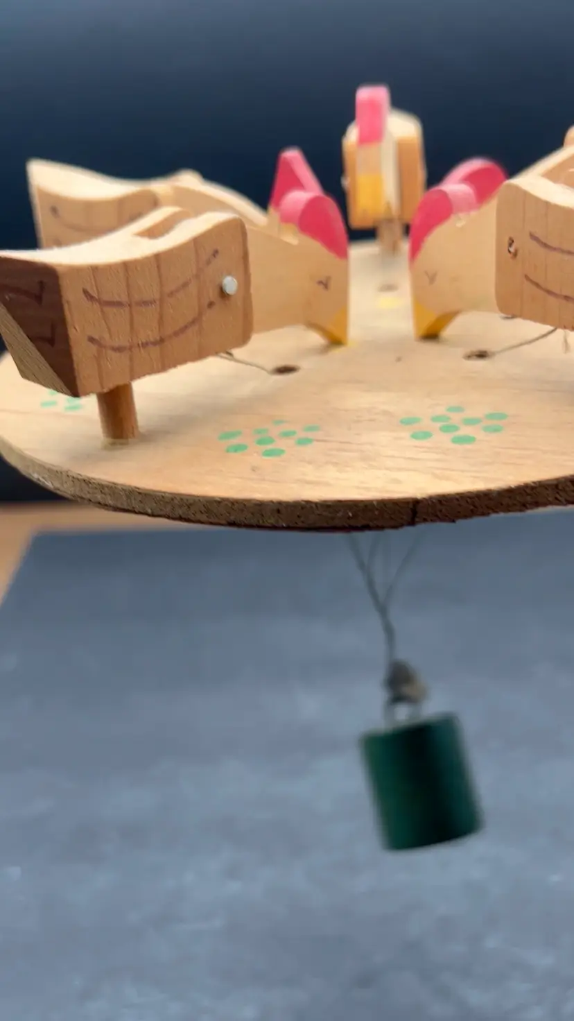 #618B Vintage Pecking Chickens Paddle Toy
Animated - Birds Bodies Move Up And Down In A Pecking Motion - See Video. Folk Art