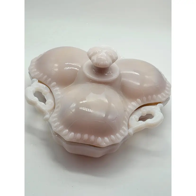Vtg Cambridge Crown Opaque Pink Milk Glass Divided Candy Relish Dish Lidded
