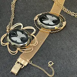 Vintage Goldtone Mesh Butterfly Intaglio Butterfly Braclet With Matching Necklace